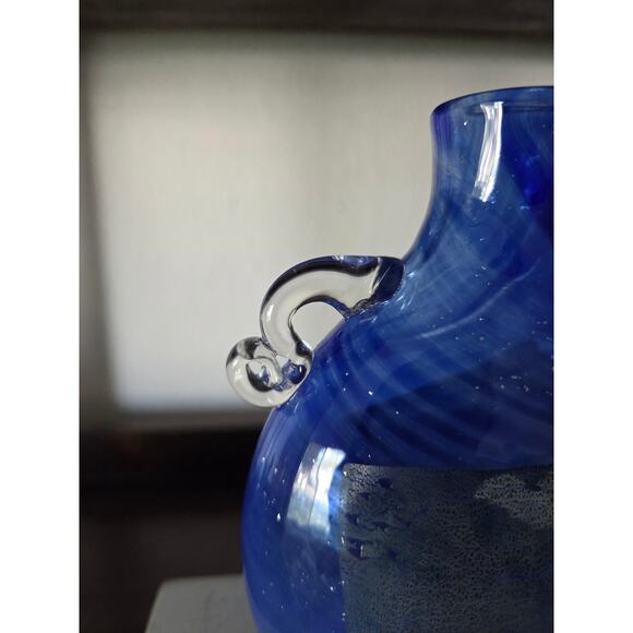1994 Signed Blue Art Glass Vase 5.5" Cape Cod Studio Silver Foil Accent Signed - Picture 3 of 10